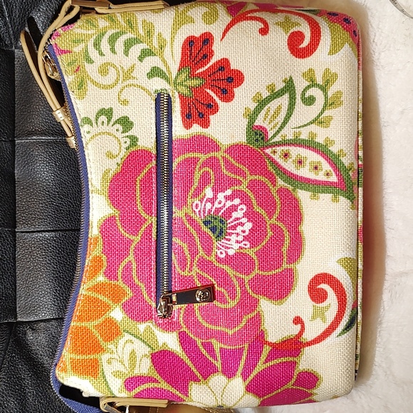 Spartina 449 Off White Floral Linen Bag With Gold Leather 23" Strap - Picture 2 of 12